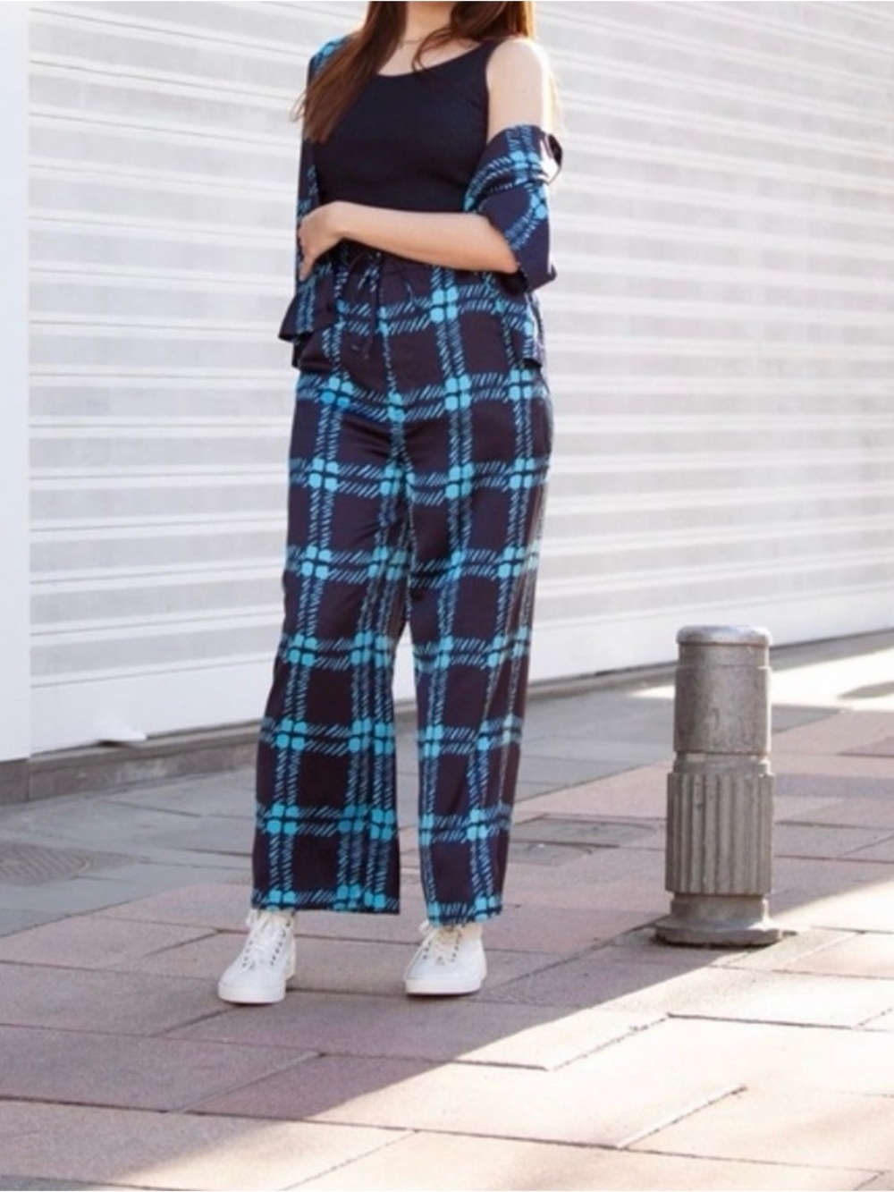 MARNI X UNIQLO Plaid Wide-Leg Pants in Black and Turquoise